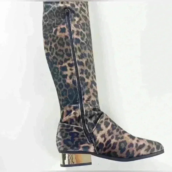 Size 7.5 NWT NIB Bamboo LEOPARD Print velvet Stardom OTK boot gold heel - Picture 5 of 5